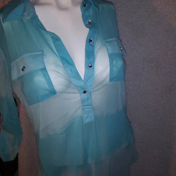 INC International Concepts Baby Blue Sheer Long Sleeve Blouse - Picture 7 of 10